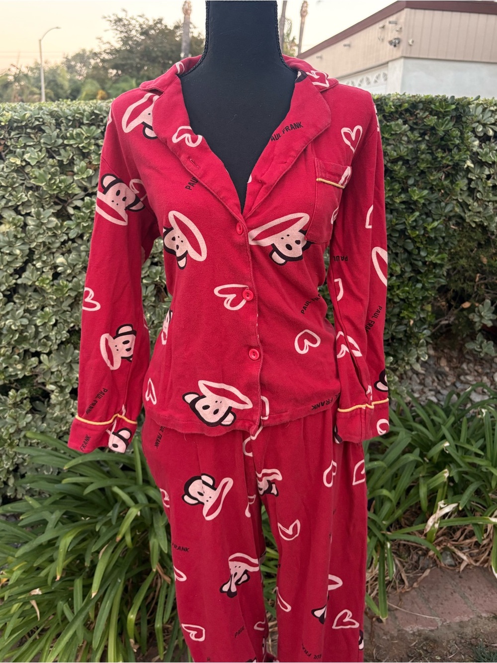Y2K Paul Frank Red Monkey Heart Pajama Set with Pink Accents